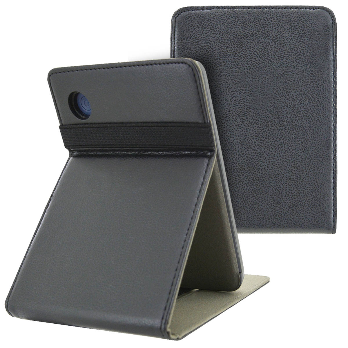 Zwarte tablethoes, stand ontwerp. Tablet in hoes, met elastiek. Tweede hoes op achtergrond.