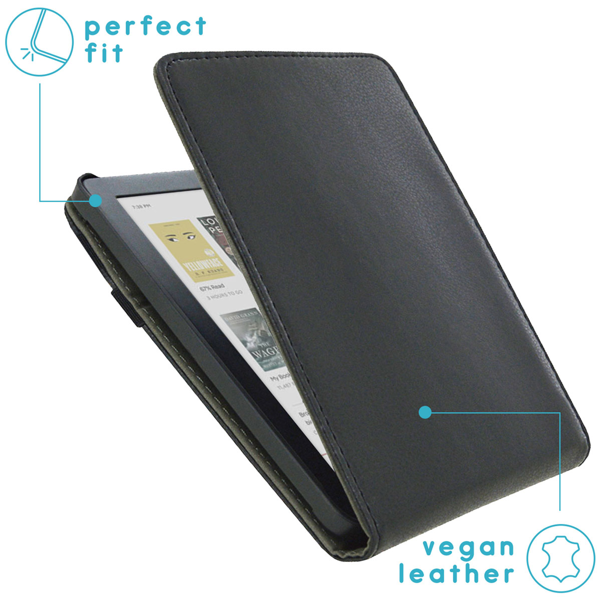 Zwarte e-reader hoes, open, met de e-reader erin. De hoes is gemaakt van veganistisch leer.