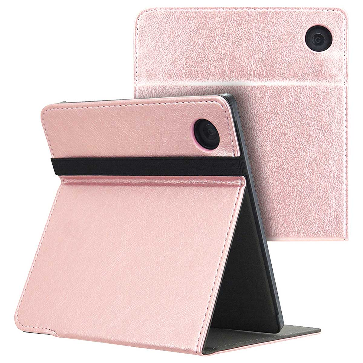 Étui de tablette rose, ouvert. La tablette est dans l'étui, debout, avec une bande élastique noire.