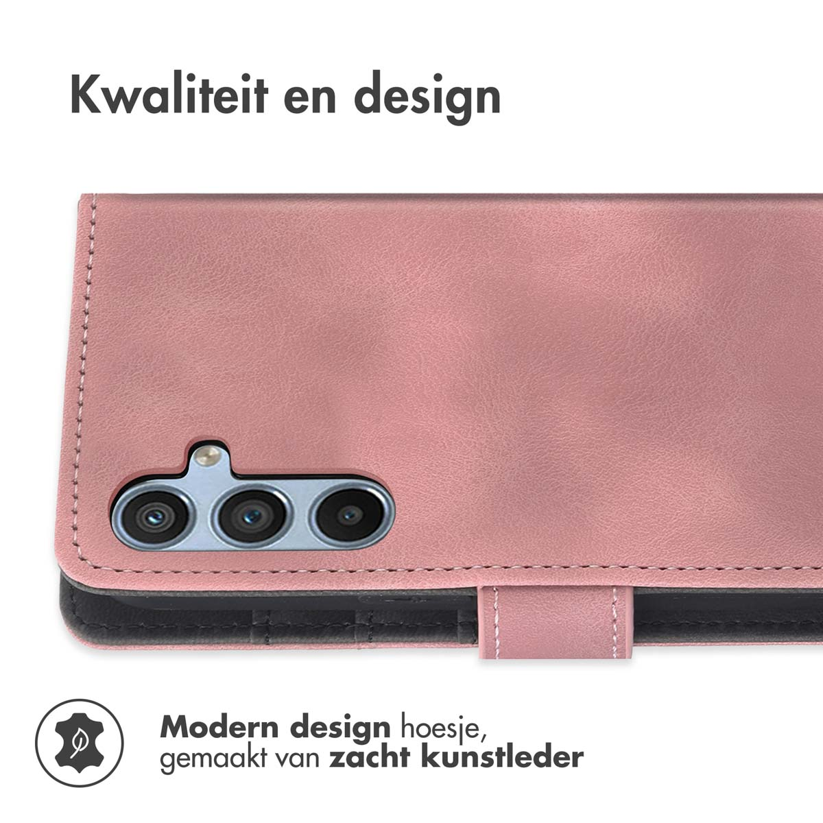 Een roze telefoonhoes met een magnetische sluiting en de tekst 'Modern design'.