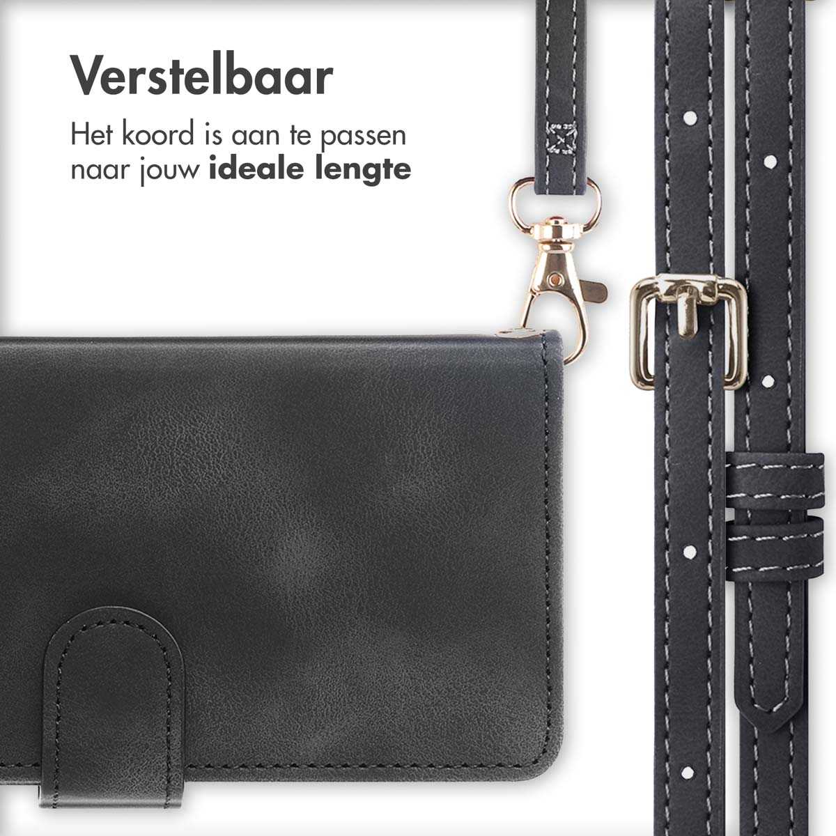 Een zwarte telefoonhoes met een riem, gouden sluiting en witte stiksels.