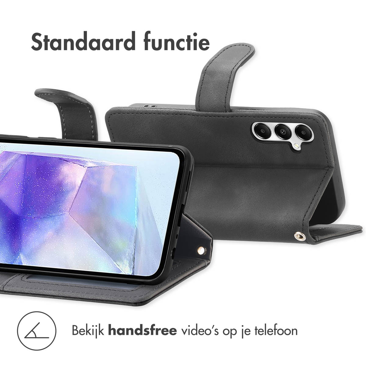 Étui de téléphone noir ouvert, affichant l'écran et le dos.