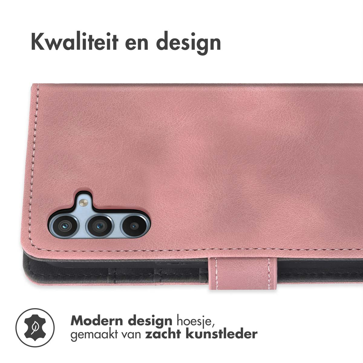 Un étui de téléphone rose avec trois objectifs d'appareil photo et des coutures.