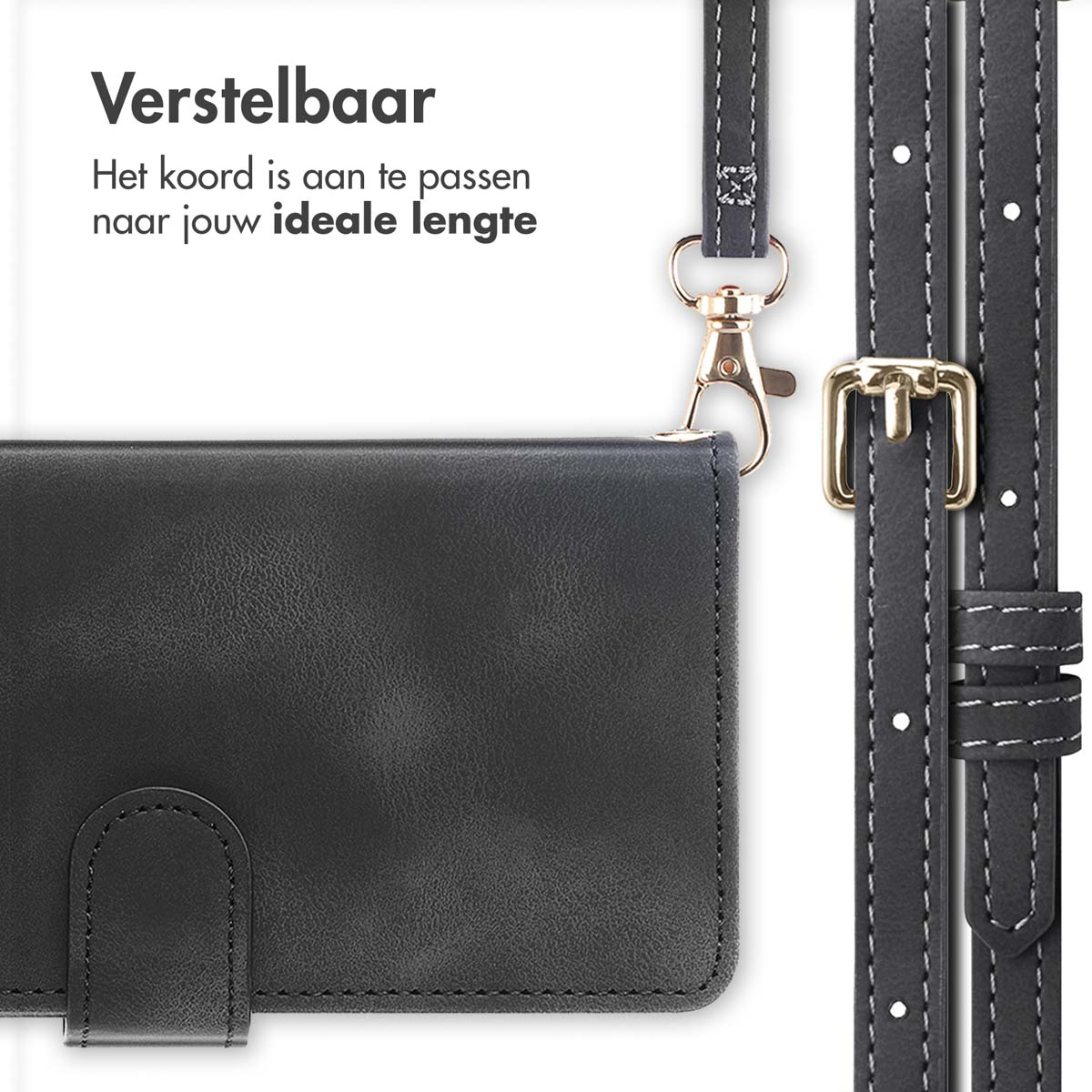 Close-up van een zwarte telefoonhoesriem. De riem heeft witte stiksels en een gouden gesp.