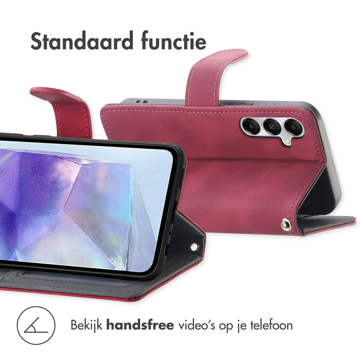 Un étui de téléphone rouge avec fonction de support. Un téléphone est posé.