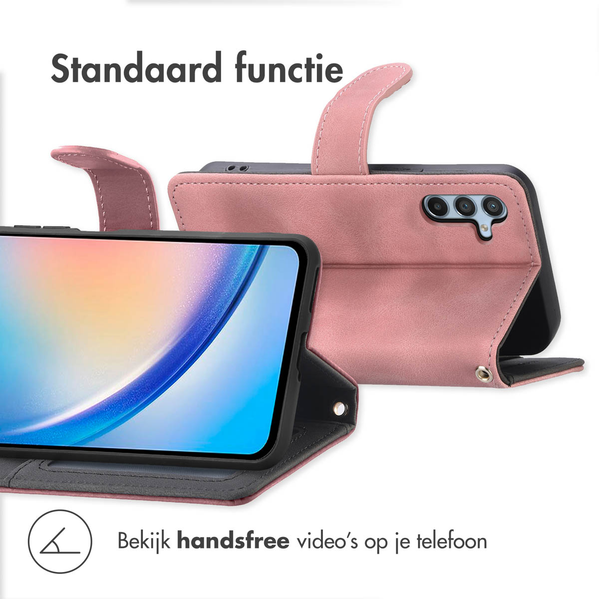 Un étui rose pour téléphone avec fonction de support affiche un smartphone.