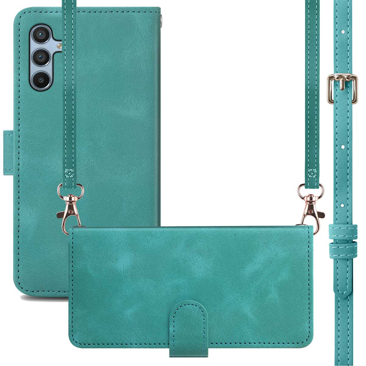 Coque de téléphone sarcelle avec une sangle et un portefeuille.