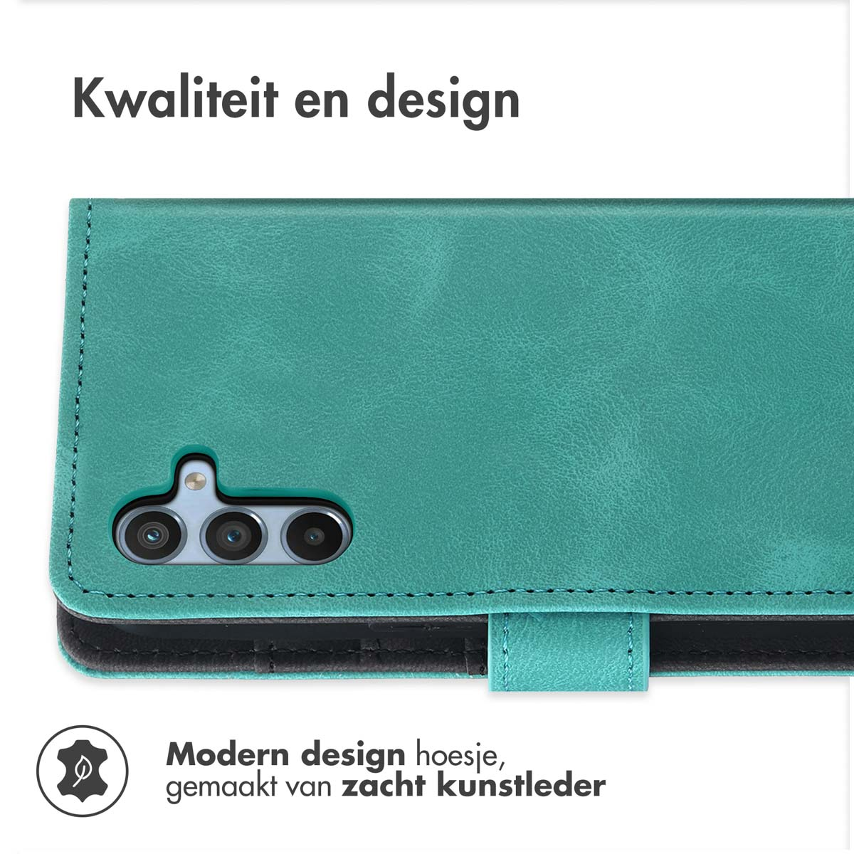 Étui de téléphone en similicuir turquoise avec découpe caméra et fermeture.