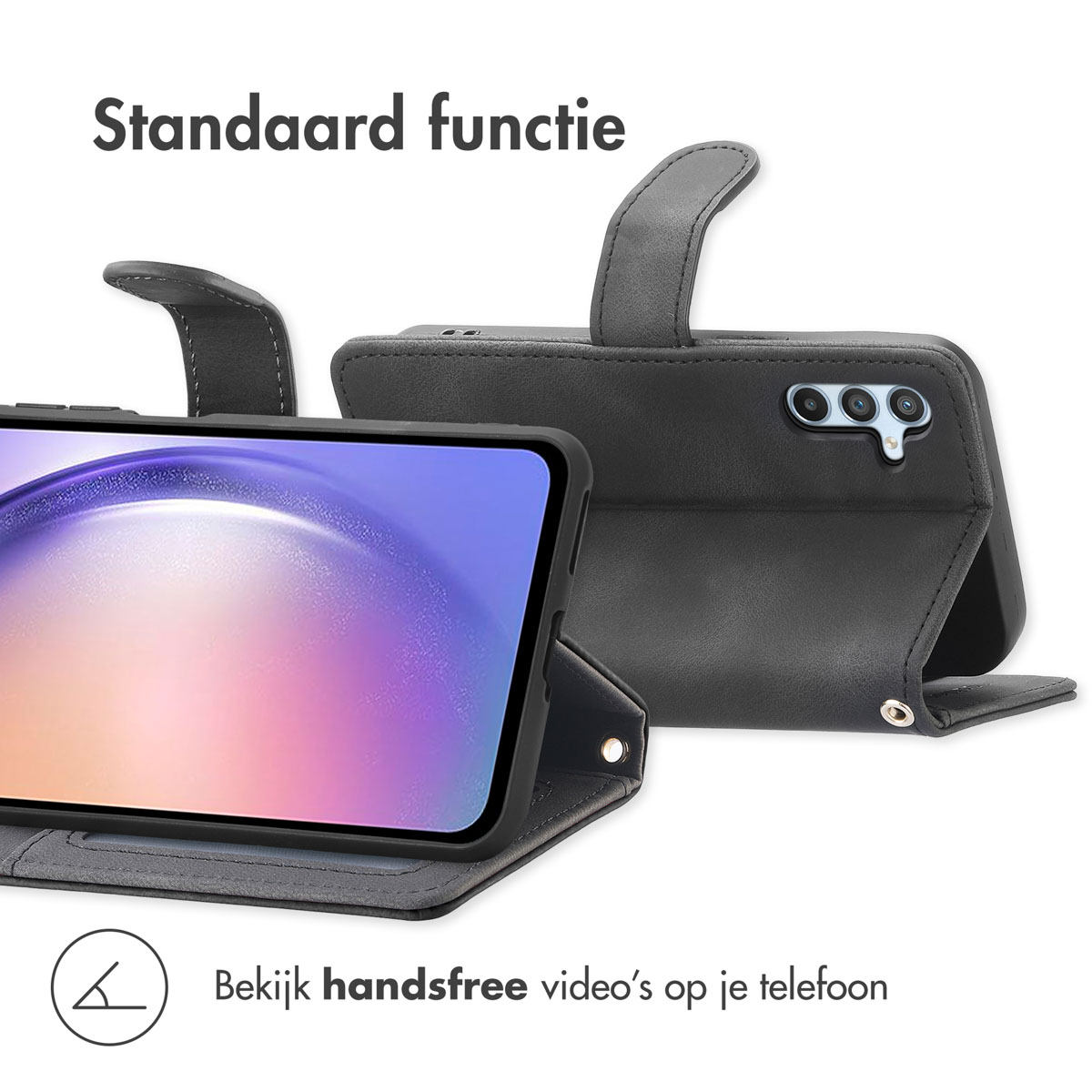 Étui portefeuille noir pour téléphone avec support intégré pour regarder des vidéos sans les mains.