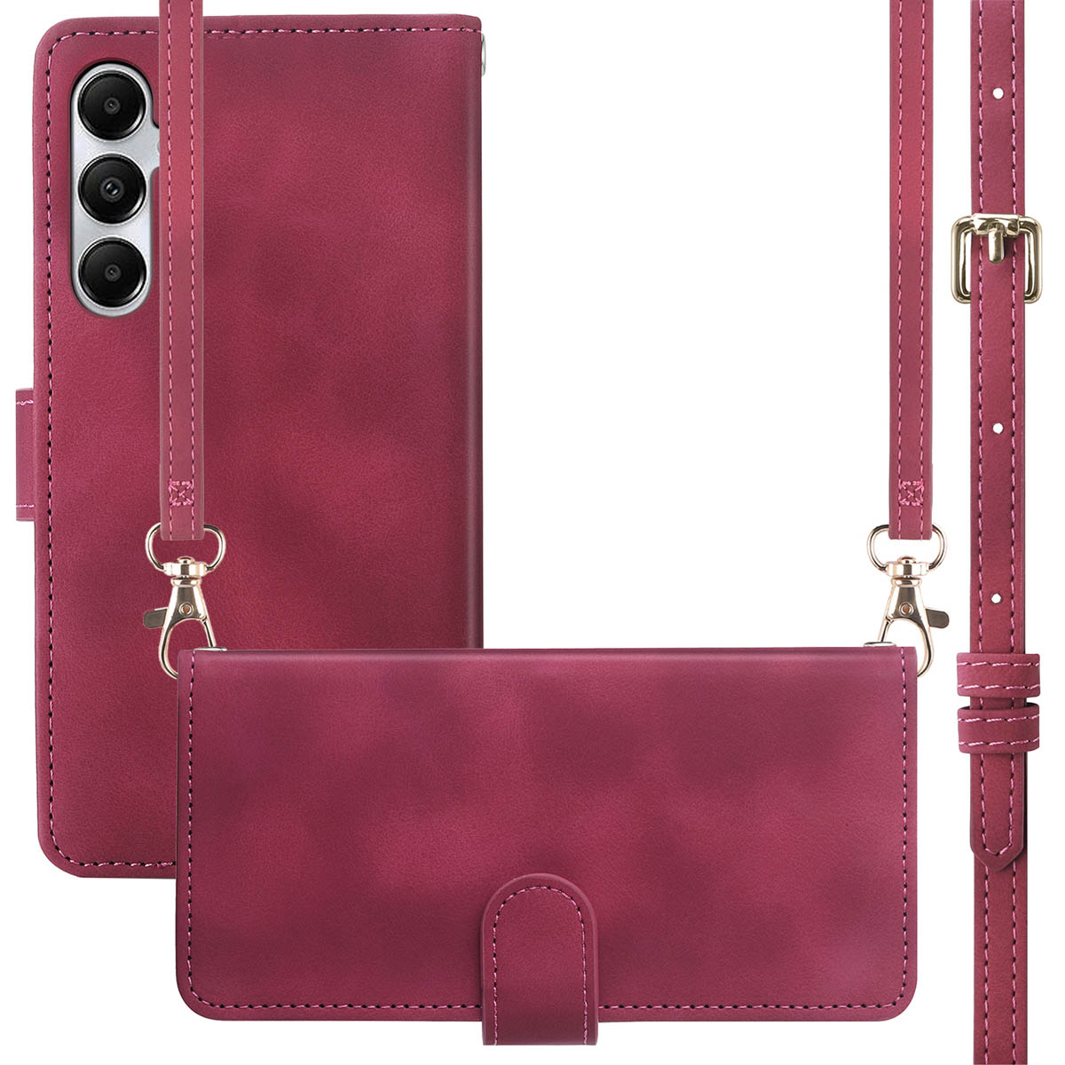 Een roze telefoonhoesje met een riem en een afneembare riem.
