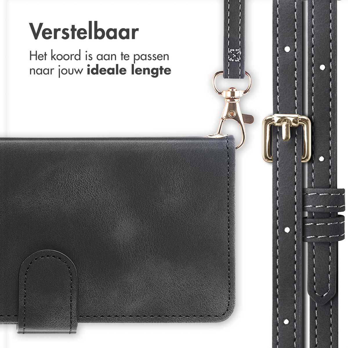 Portefeuille noir avec sangle réglable et fermoir doré.