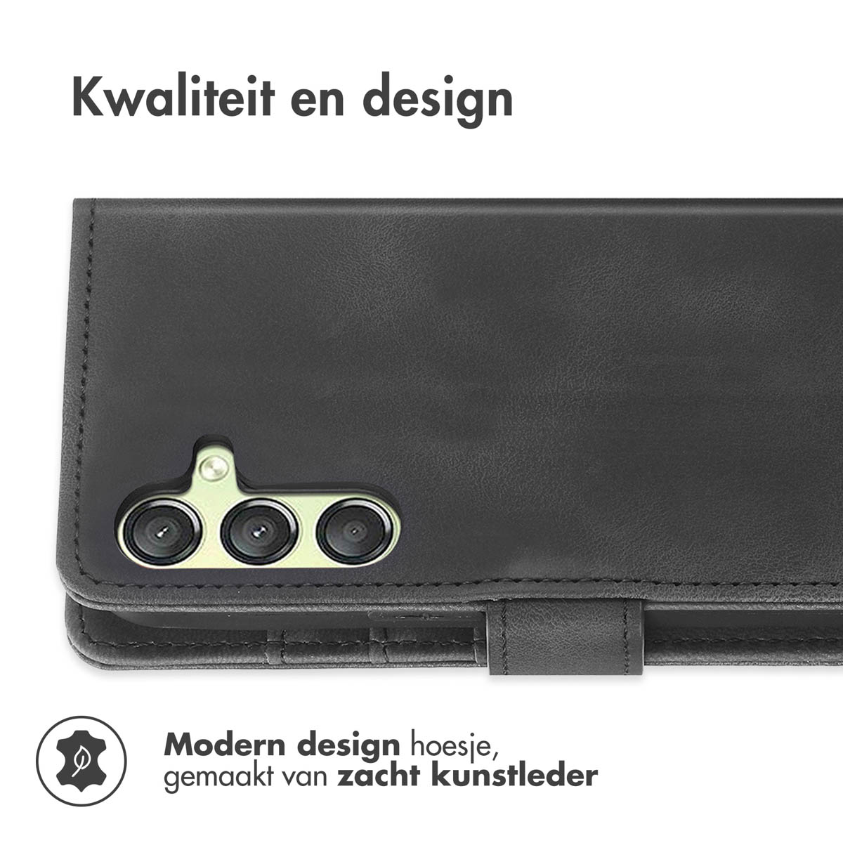 Étui de téléphone en similicuir noir avec trois objectifs d'appareil photo et une lanière.