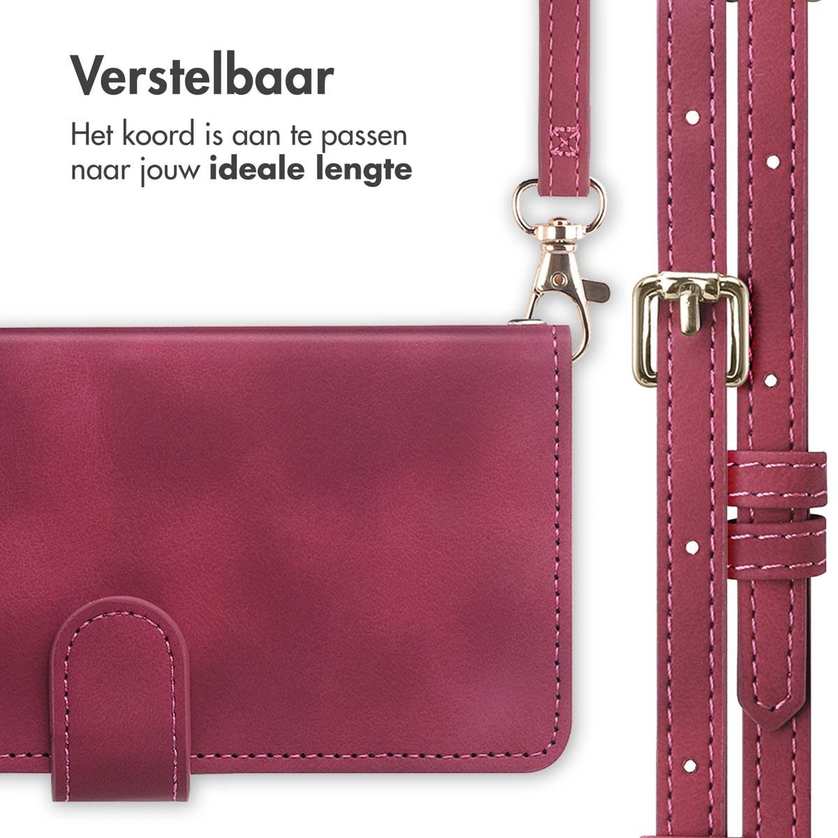 Close-up van een rode telefoonhoes met een riem. De riem is verstelbaar. Tekst zegt 'Verstelbaar'.