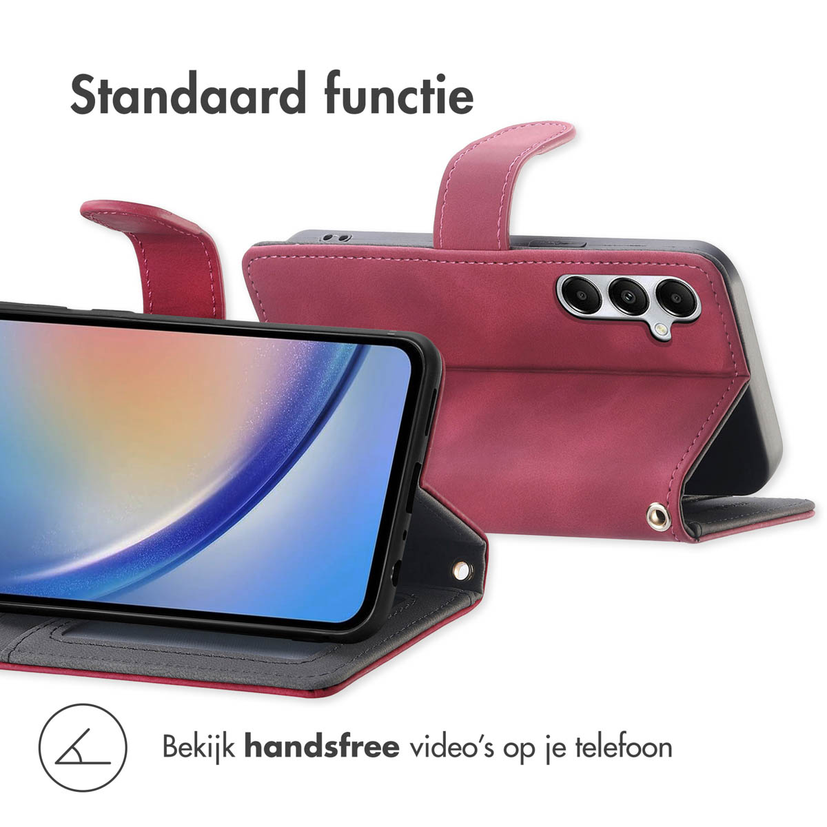 Rode telefoonhoes met standaardfunctie en smartphone-display.