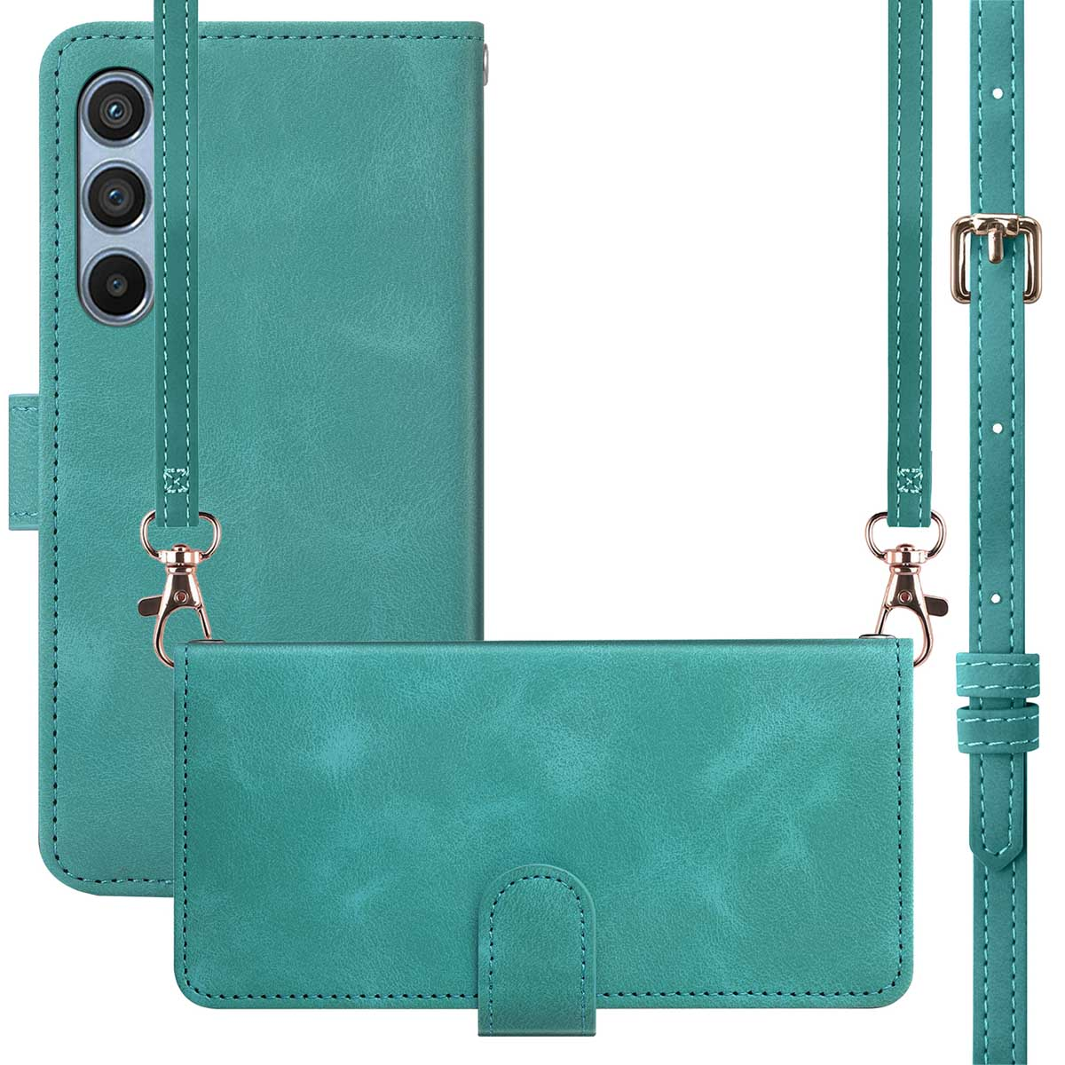 Telefoonhoesje in teal met riem. Telefoon en hoes, met riem. Goudkleurige hardware.