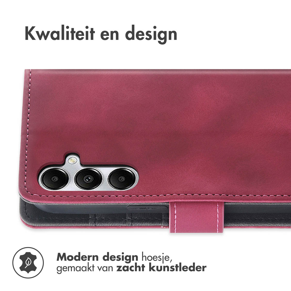 Donkerrode telefoonhoes met drie cameralenzen en een sluitband.
