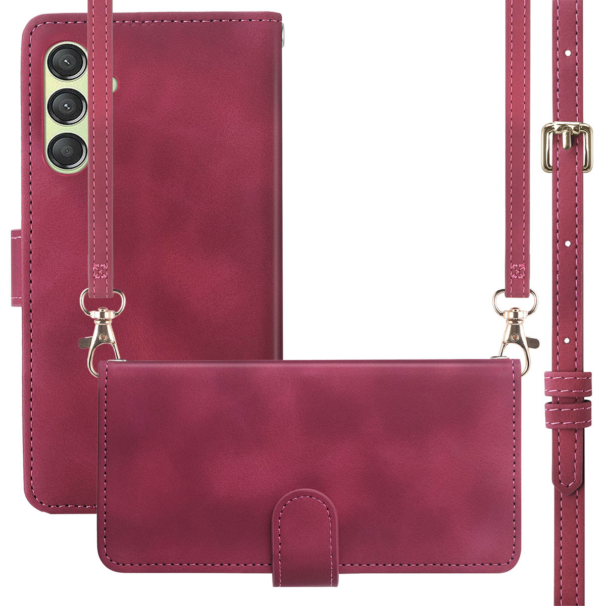 Étui de téléphone rouge avec sangle, téléphone à l'intérieur. Étui et sangle visibles, avec boucle.