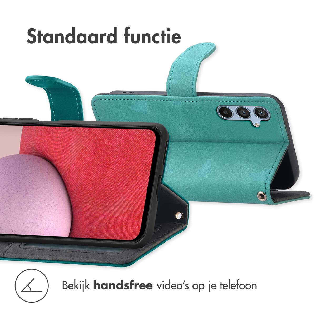 Een turquoise telefoonhoesstandaard met telefoon, rode scherm en camera's.