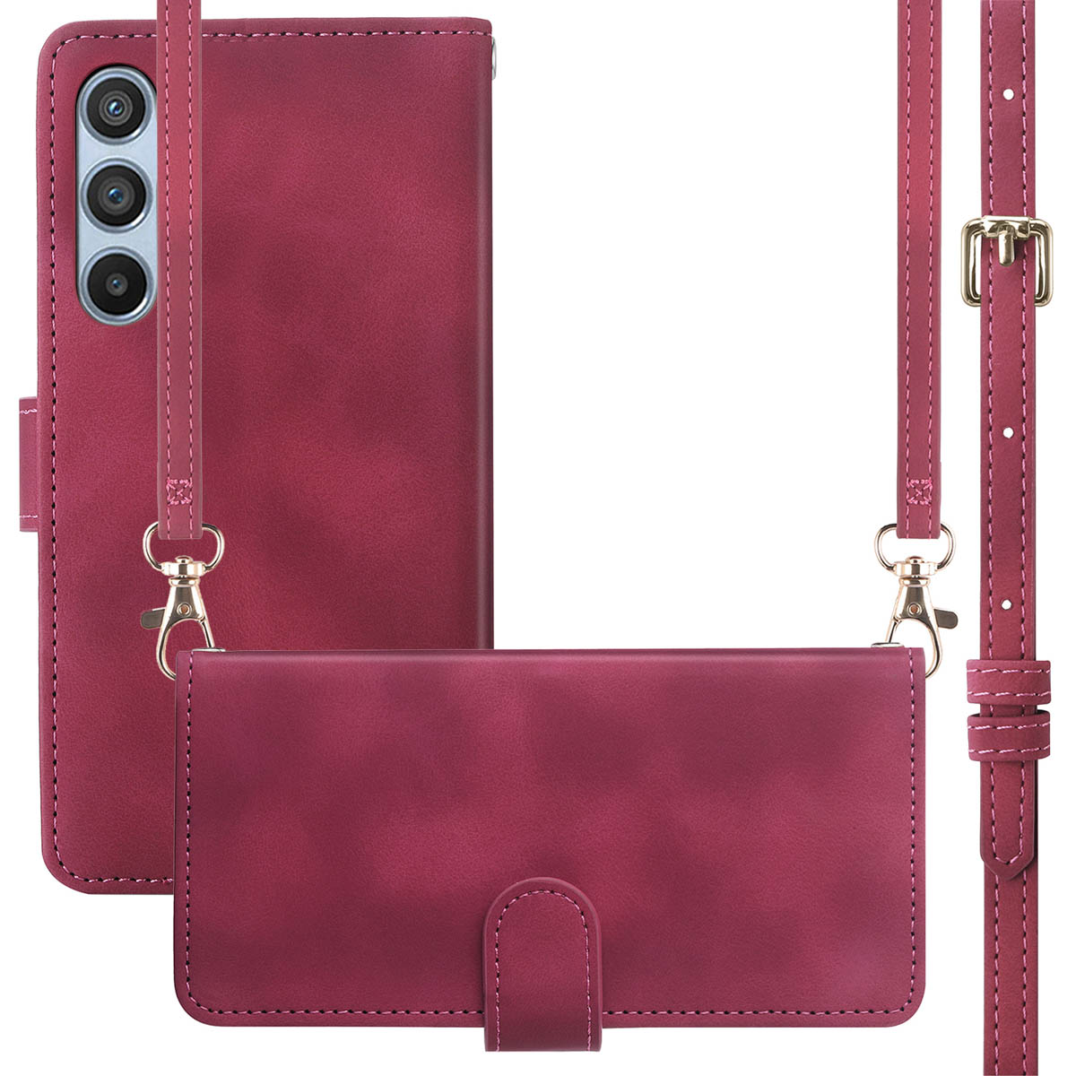 Roodpaarse telefoonhoes met riem en telefoon.