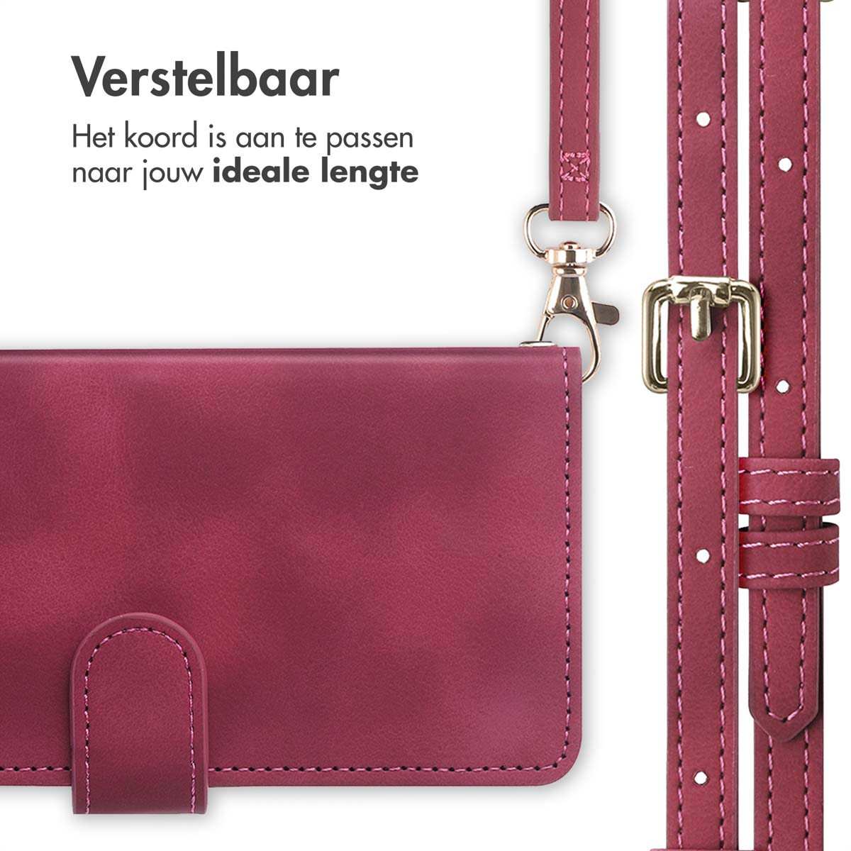 Een bordeauxrode telefoonhoes met schouderriem. De riem is verstelbaar en heeft gouden hardware.