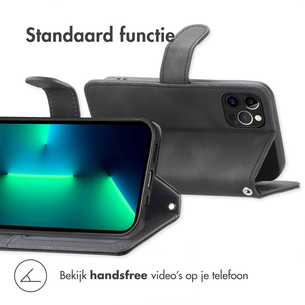 Een zwarte flip case voor de telefoon met scherm en achtercamera's.