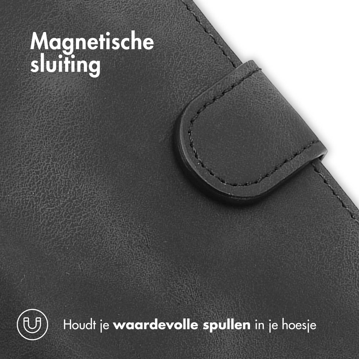 Nahaufnahme einer schwarzen Handyhülle mit Magnetverschluss. Die Hülle ist lederartig.