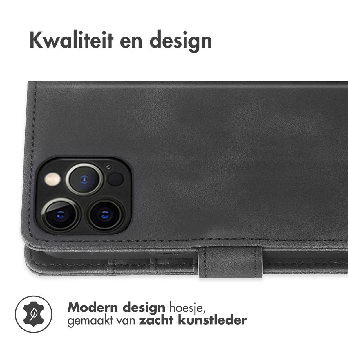 Een zwarte telefoonhoes wordt getoond, met de uitsparing voor de camera en een lederen textuur.