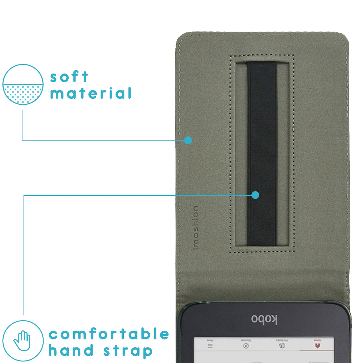 E-reader in a case. Shows soft material and a comfortable hand strap with a logo on the case.