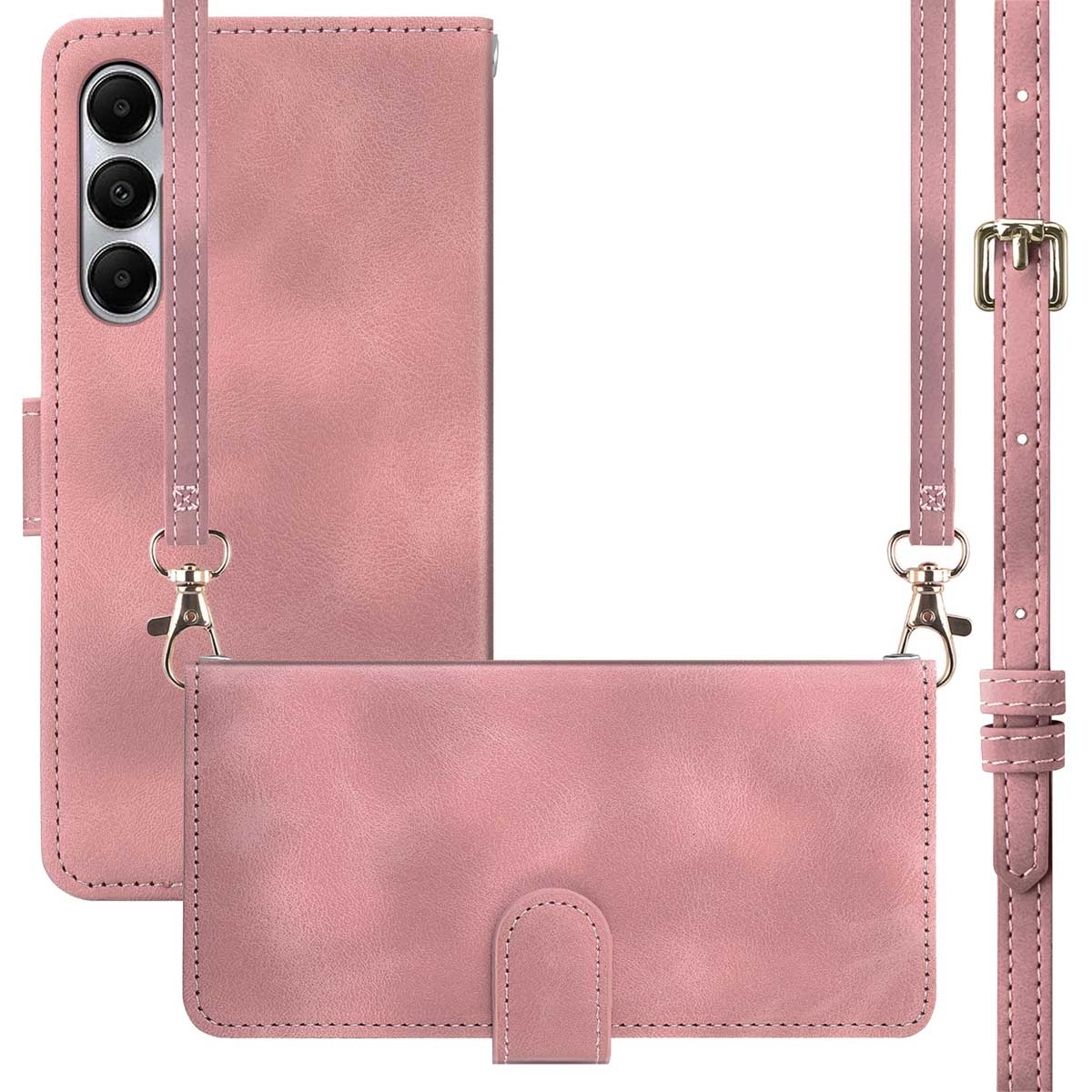 Coque de téléphone rose avec lanière. Téléphone et étui, avec lanière. Quincaillerie dorée.