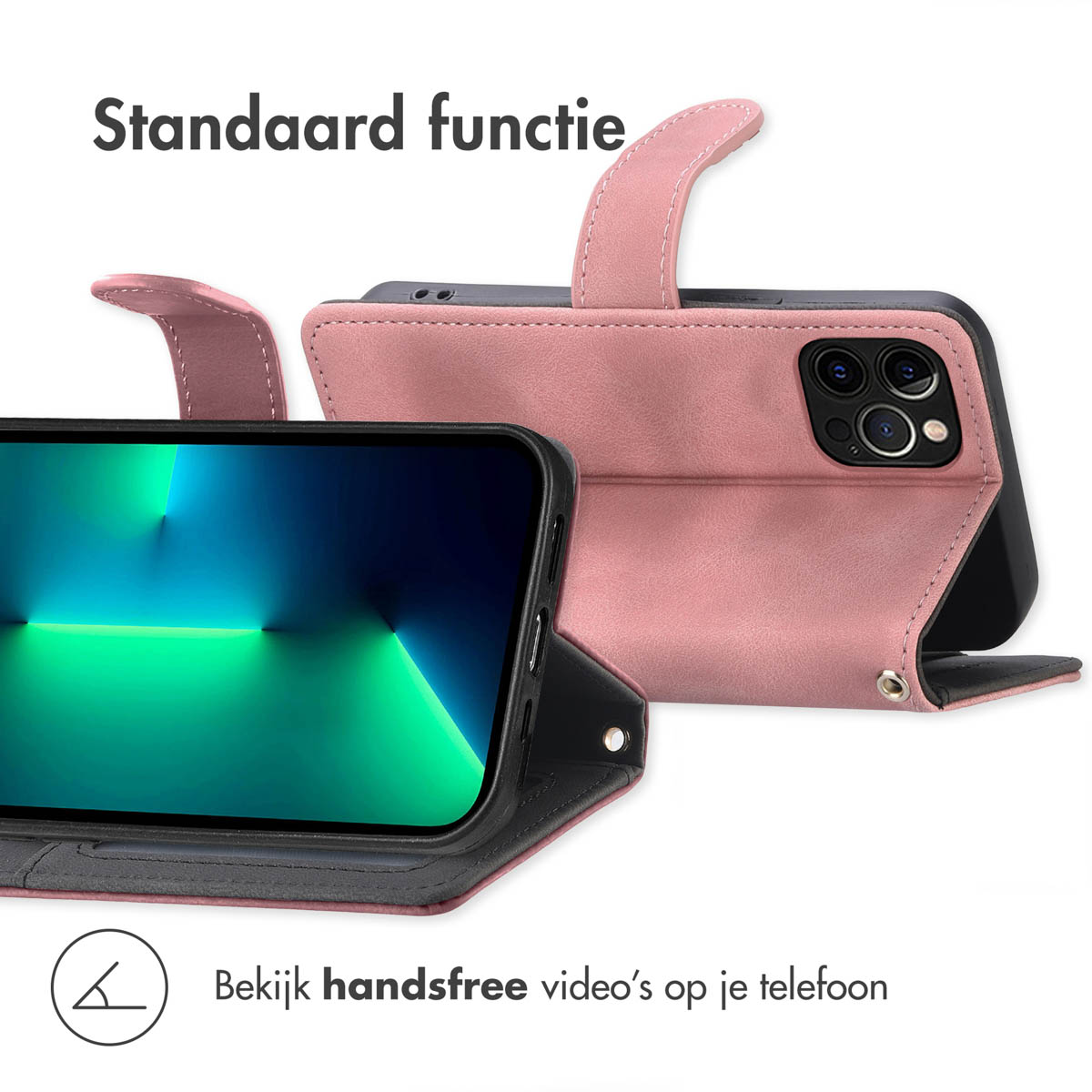 Roze telefoonhoes met standaardfunctie toont smartphone met groen scherm.