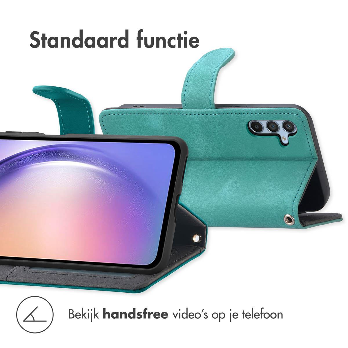 Un étui de téléphone turquoise avec support intégré et découpe pour appareil photo.