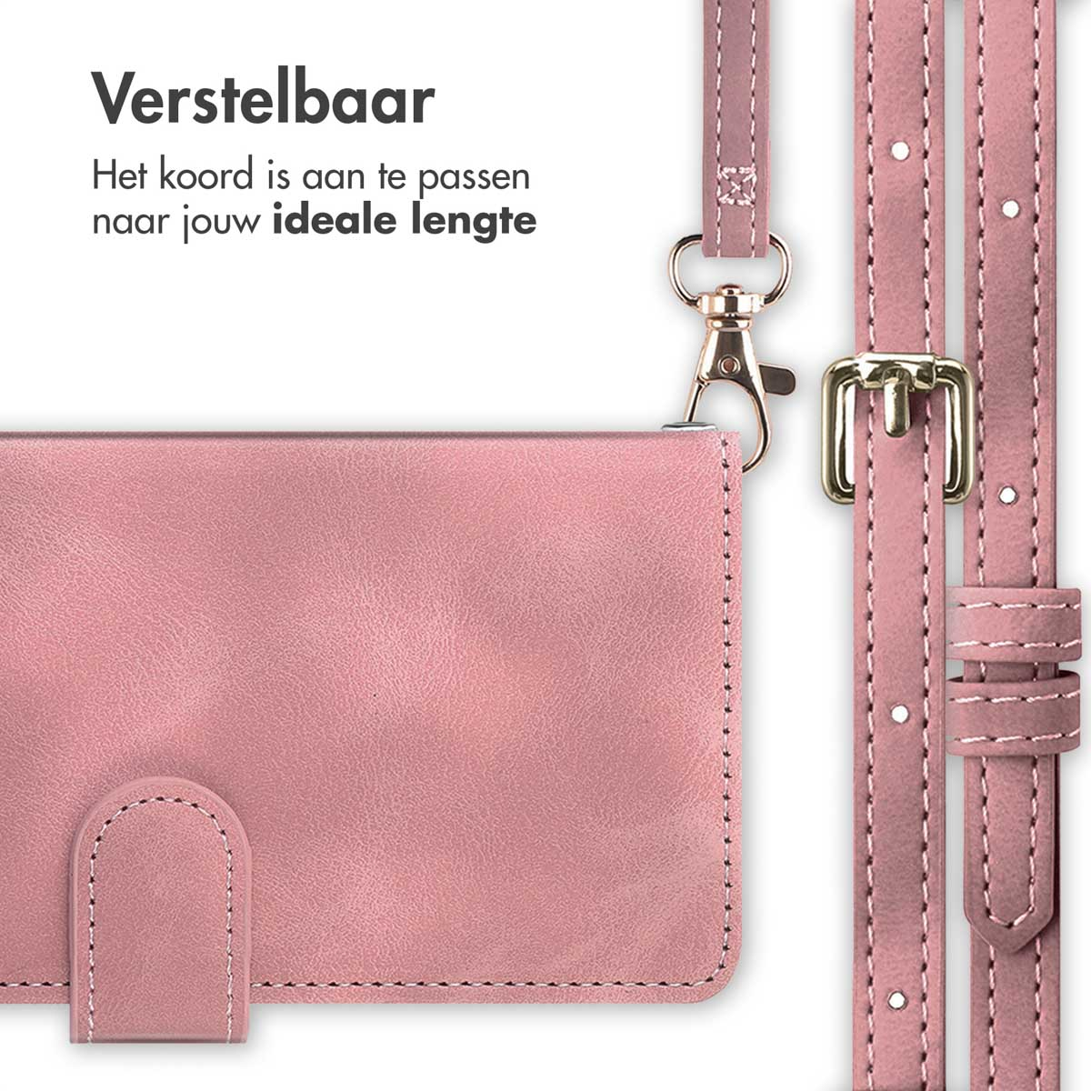 Étui rose pour téléphone avec sangle réglable et détails dorés.