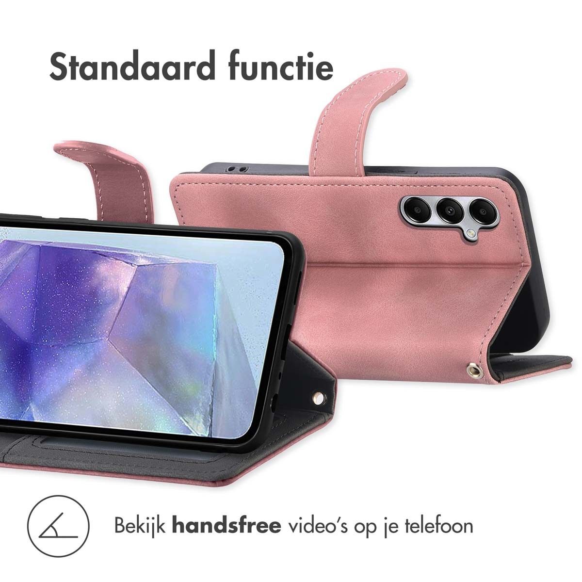 Un support de coque de téléphone rose avec un téléphone à l'intérieur.