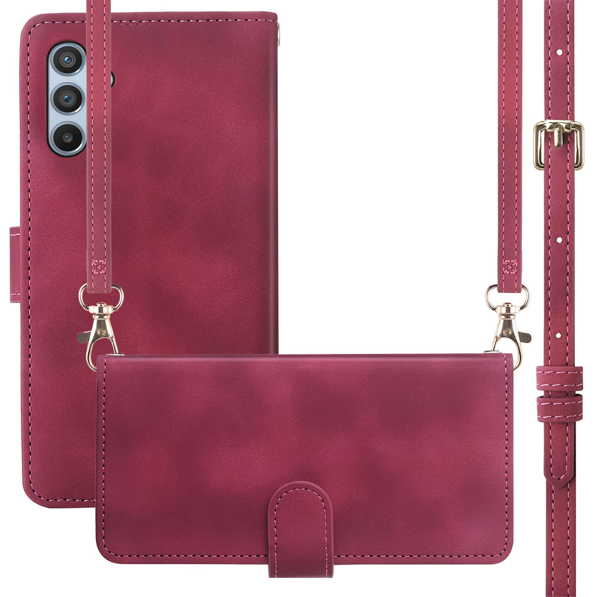 Un étui de téléphone bordeaux avec une sangle assortie et des fermoirs et boucle dorés.