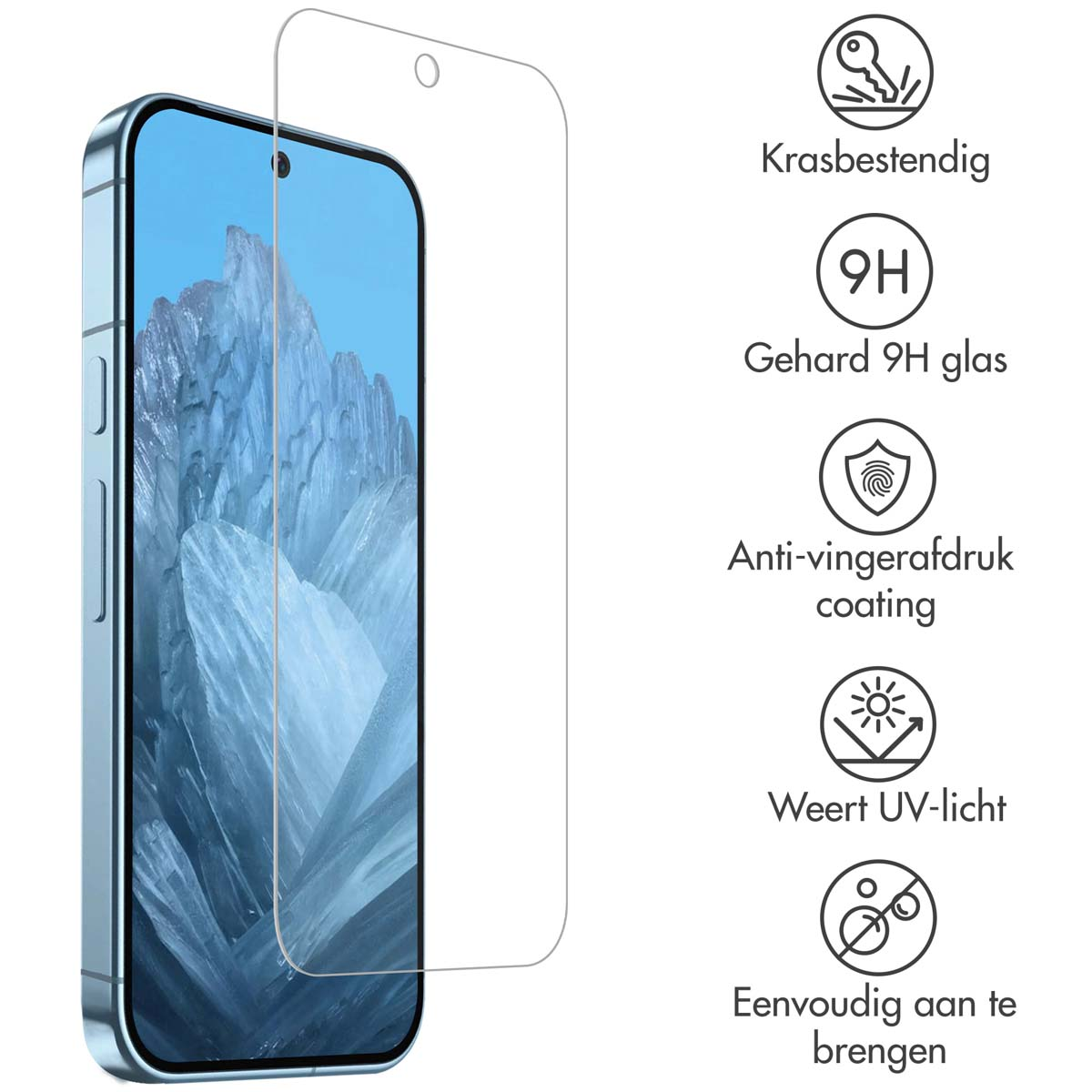 Een telefoon met een schermbeschermer erop, en iconen eromheen.
