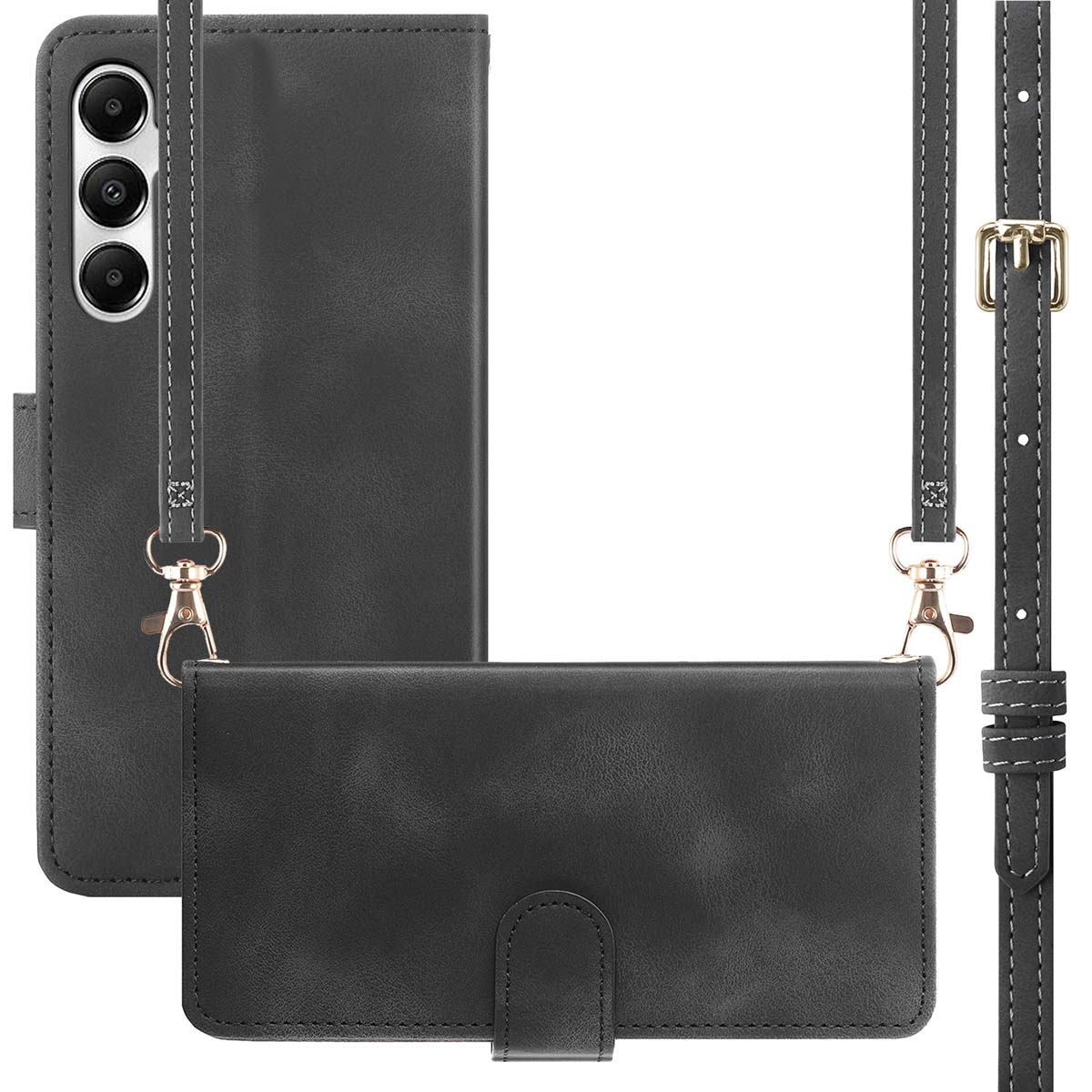 Coque de téléphone en cuir noir avec sangle. Fermoirs dorés, coutures blanches. Coque et sangle sur fond blanc.