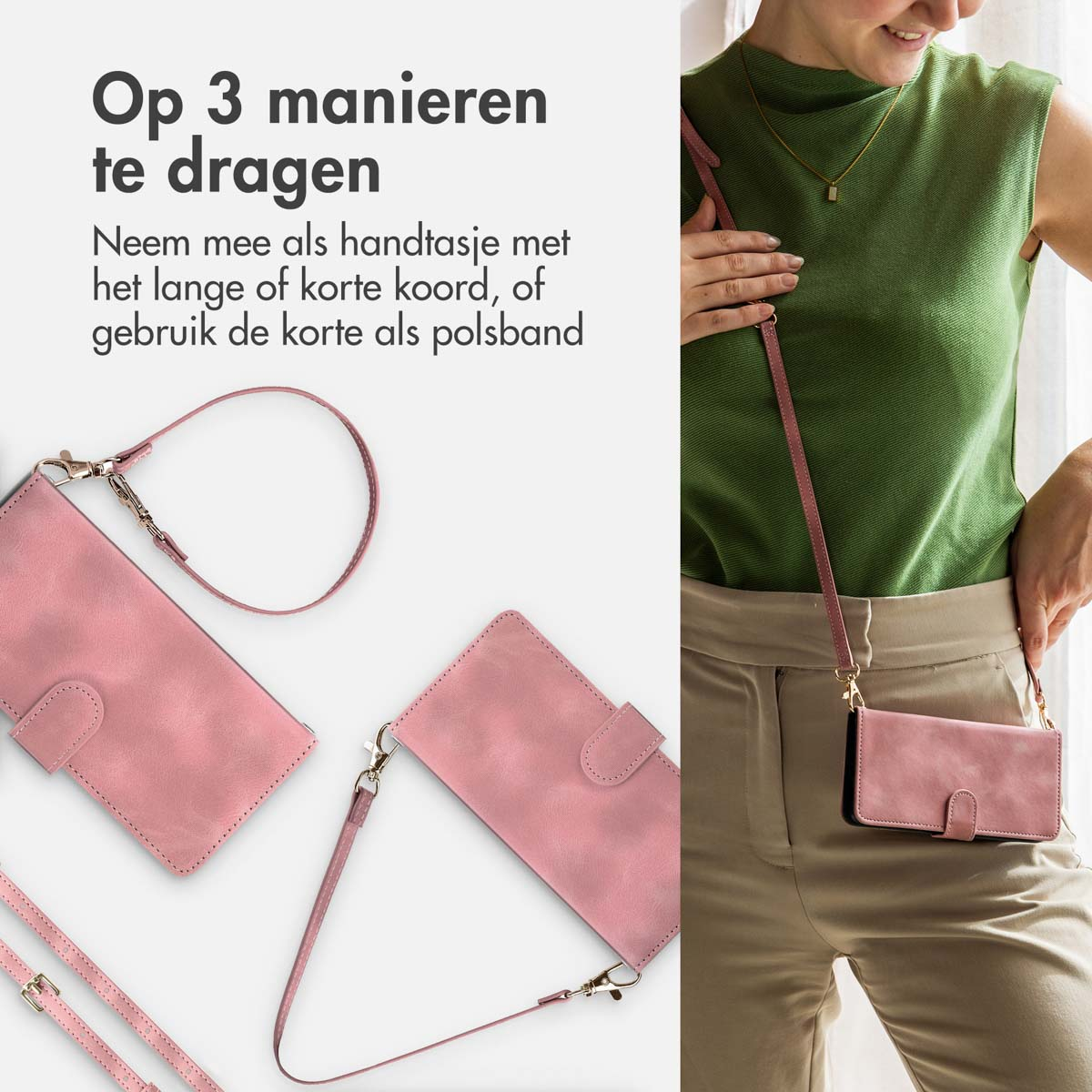 Eine Frau trägt eine rosa Handyhülle als Umhängetasche. Mehrere Hüllen liegen daneben.