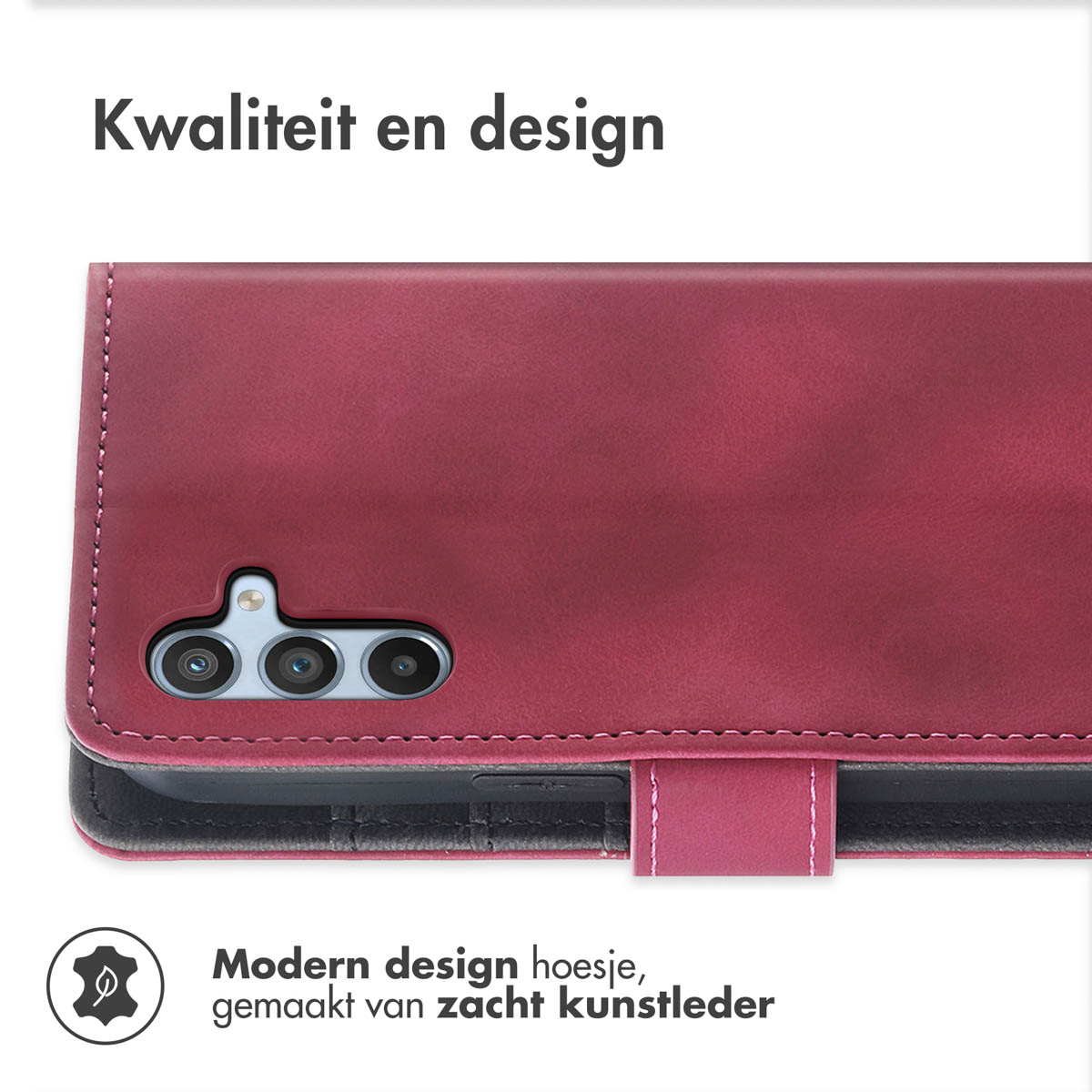 Étui de téléphone rouge en similicuir avec découpe caméra et fermeture magnétique.