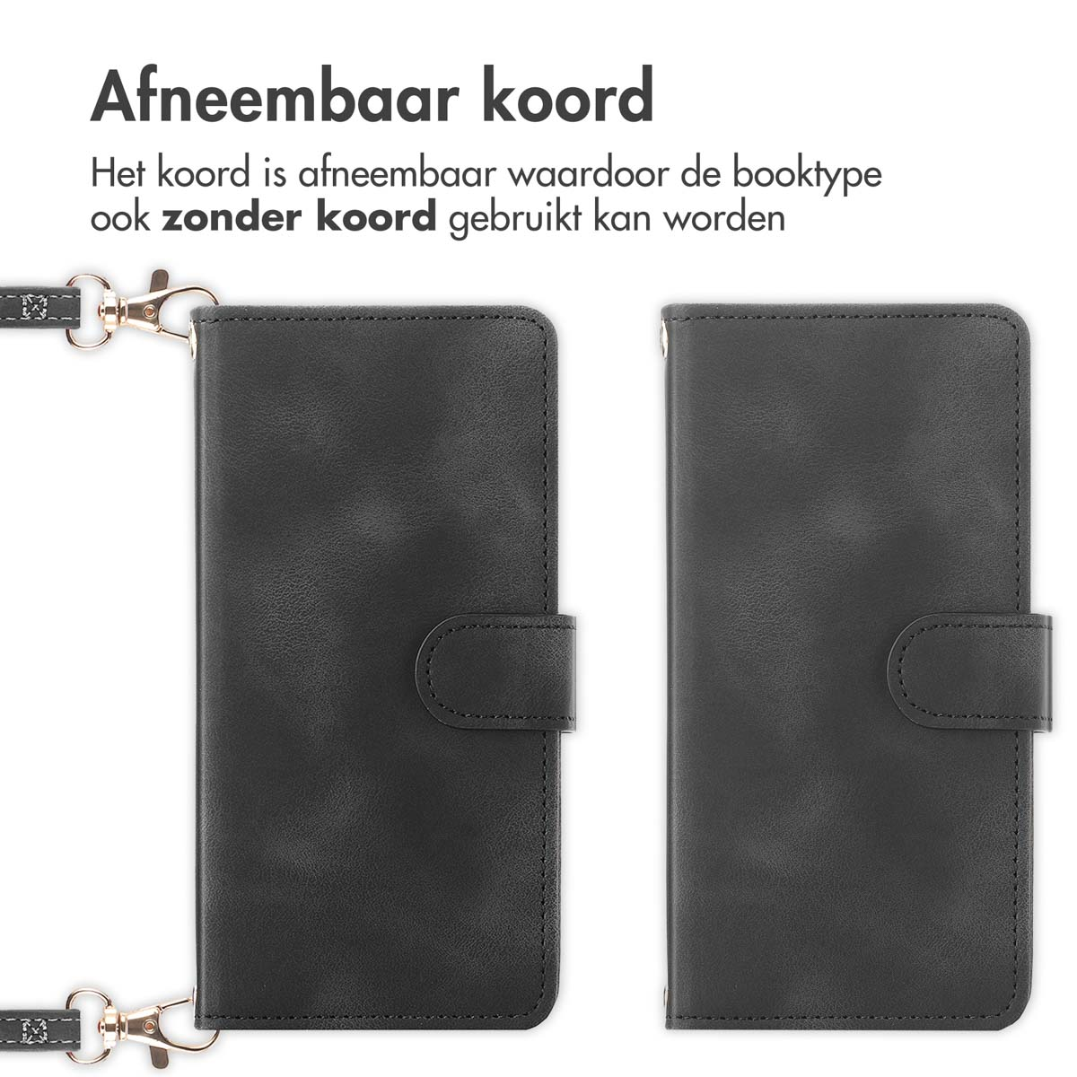 Un étui de téléphone noir de type portefeuille avec une sangle détachable.