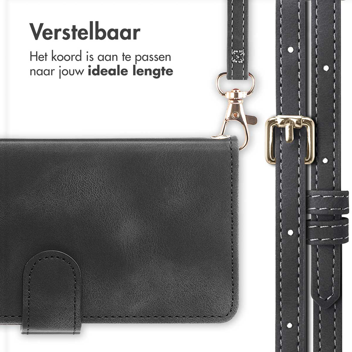 Étui en cuir noir avec sangle réglable et boucle dorée.
