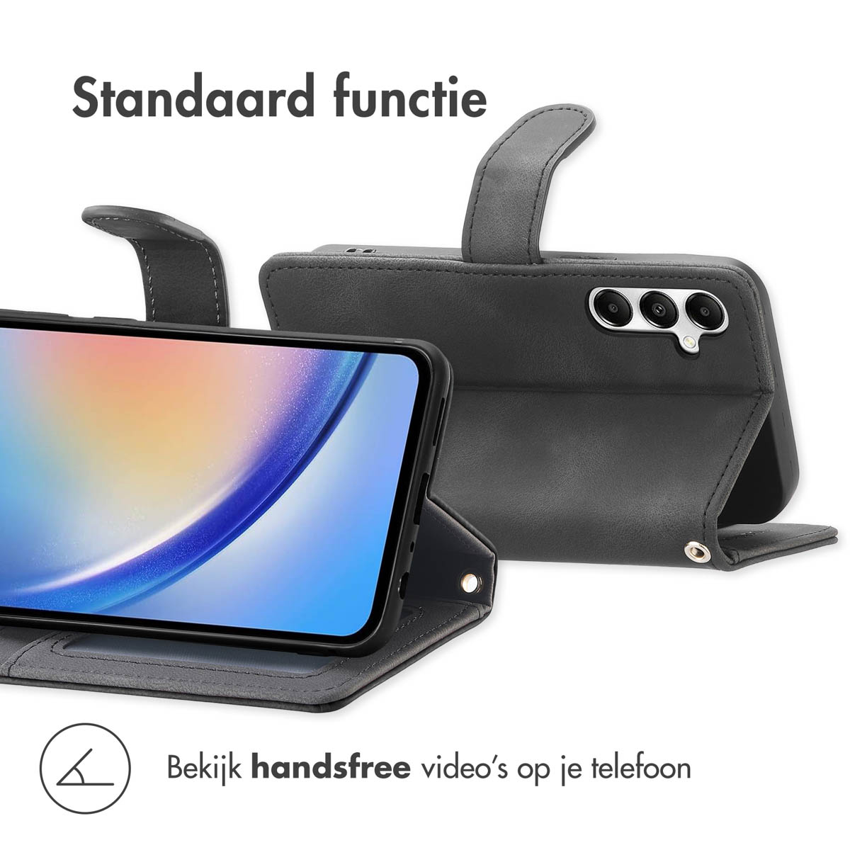 Un téléphone noir dans un étui qui sert de support. Gros plan.