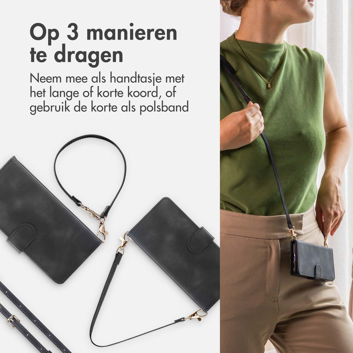 Étui de téléphone noir avec sangles longues et courtes, l'un porté par une femme.