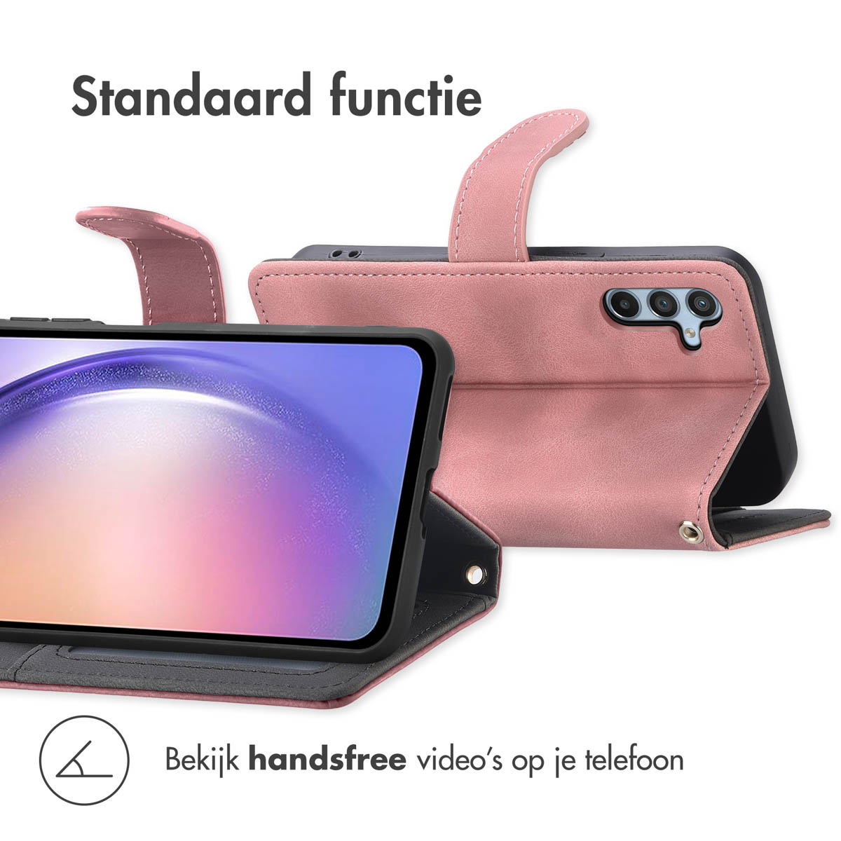 Un étui de téléphone rose avec fonction support, montré en position verticale.