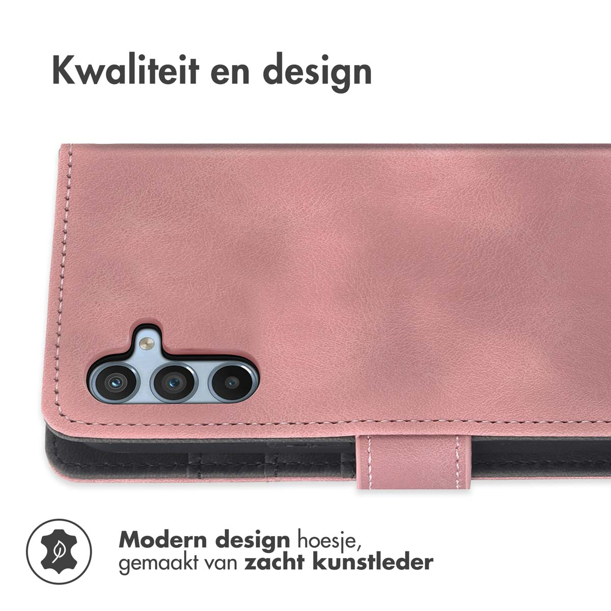 Coque de téléphone rose avec découpe caméra et texte 'Kwaliteit en design'.