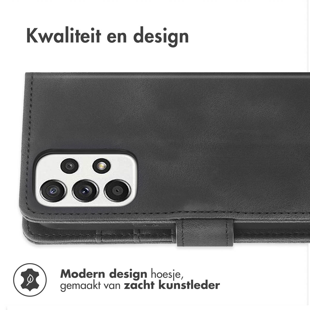 Schwarzes Kunstleder-Flip-Case für ein Smartphone mit vierfacher Kamera.