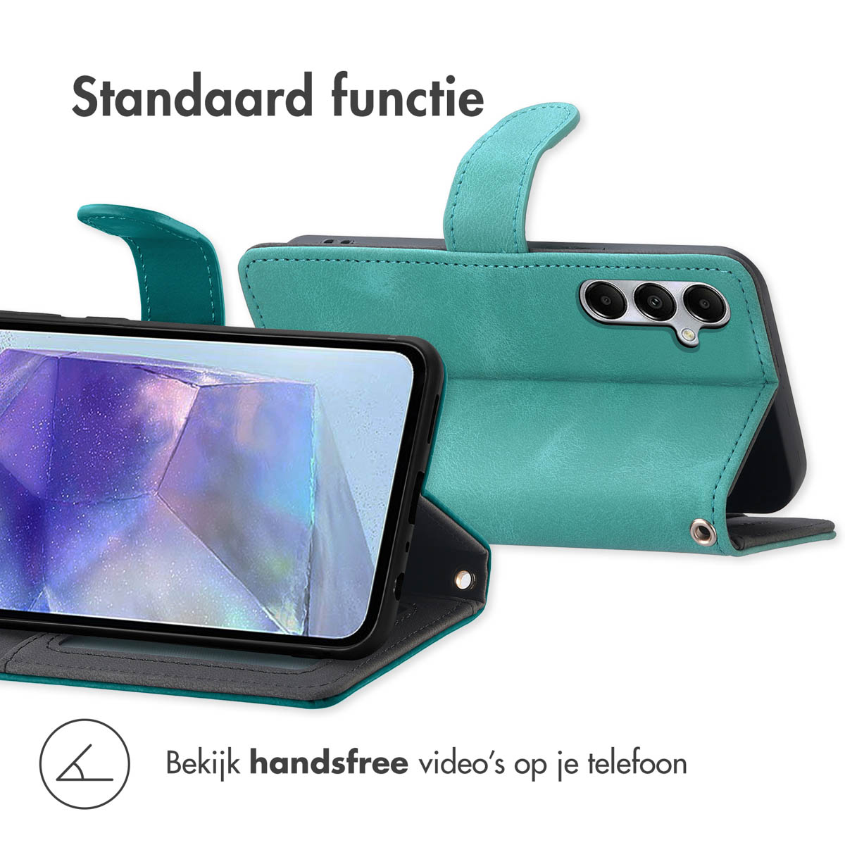 Étui de téléphone turquoise avec fonction support et vue caméra.