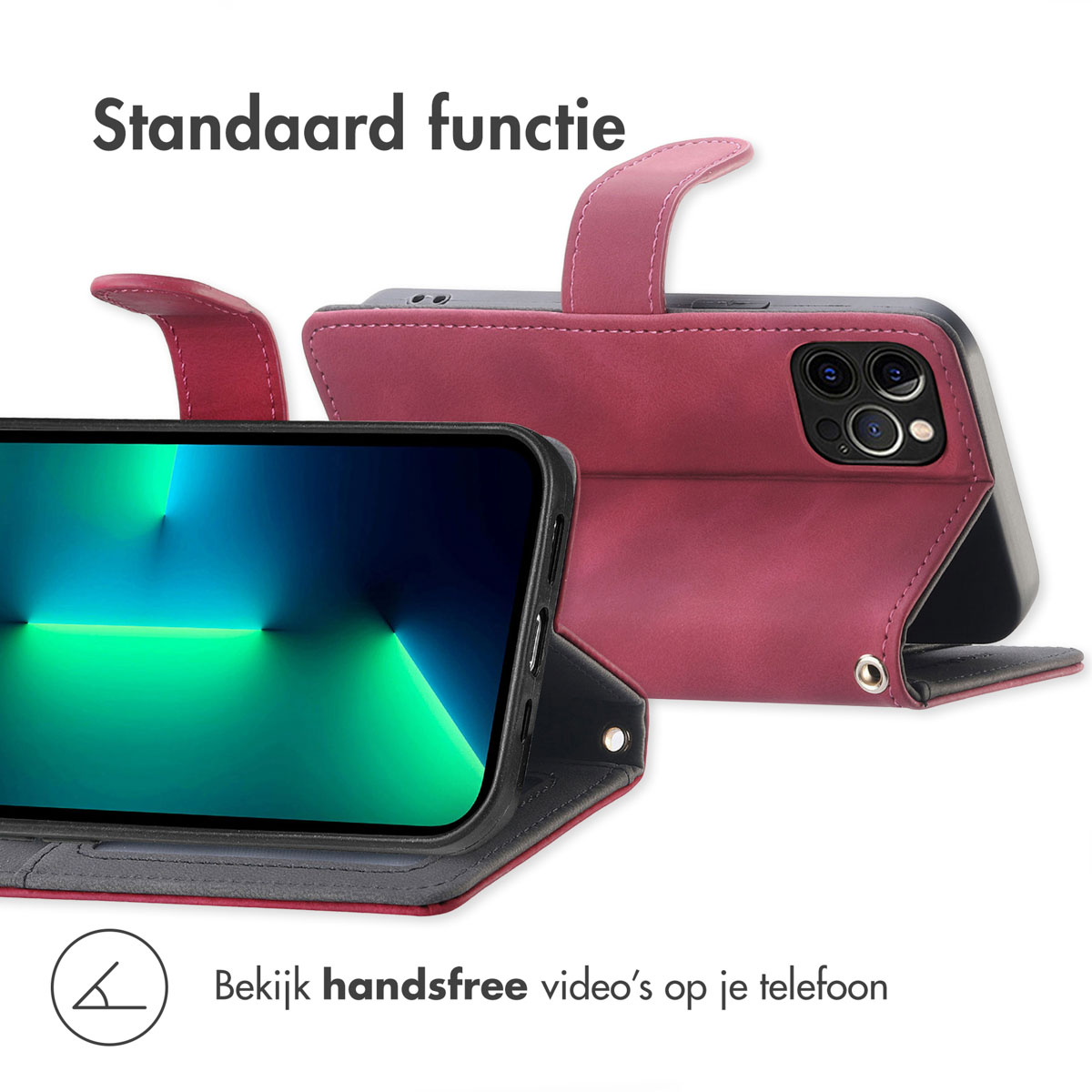 Een roze telefoonhoes in standaardmodus met een smartphone die een groen scherm toont.