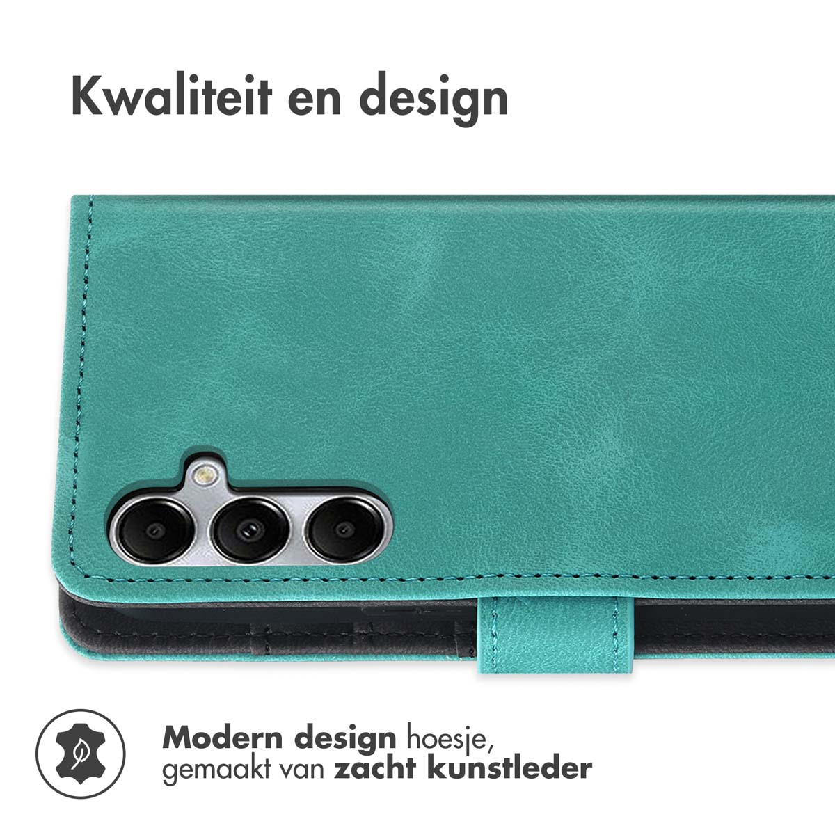 Gros plan sur un étui de téléphone turquoise avec un design moderne et du cuir souple.
