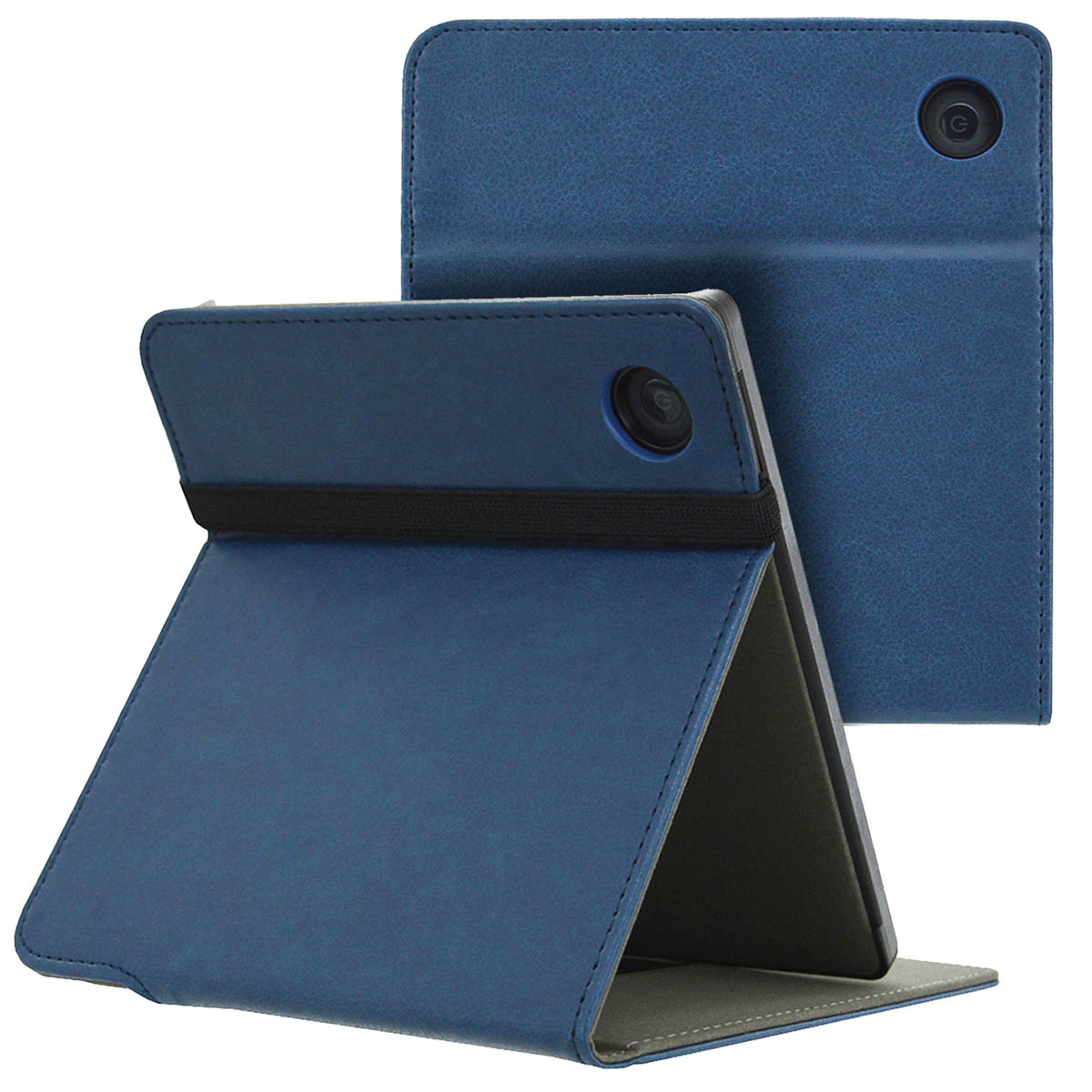 Een blauwe tablethoes, met een tablet erin, opgezet voor weergave.