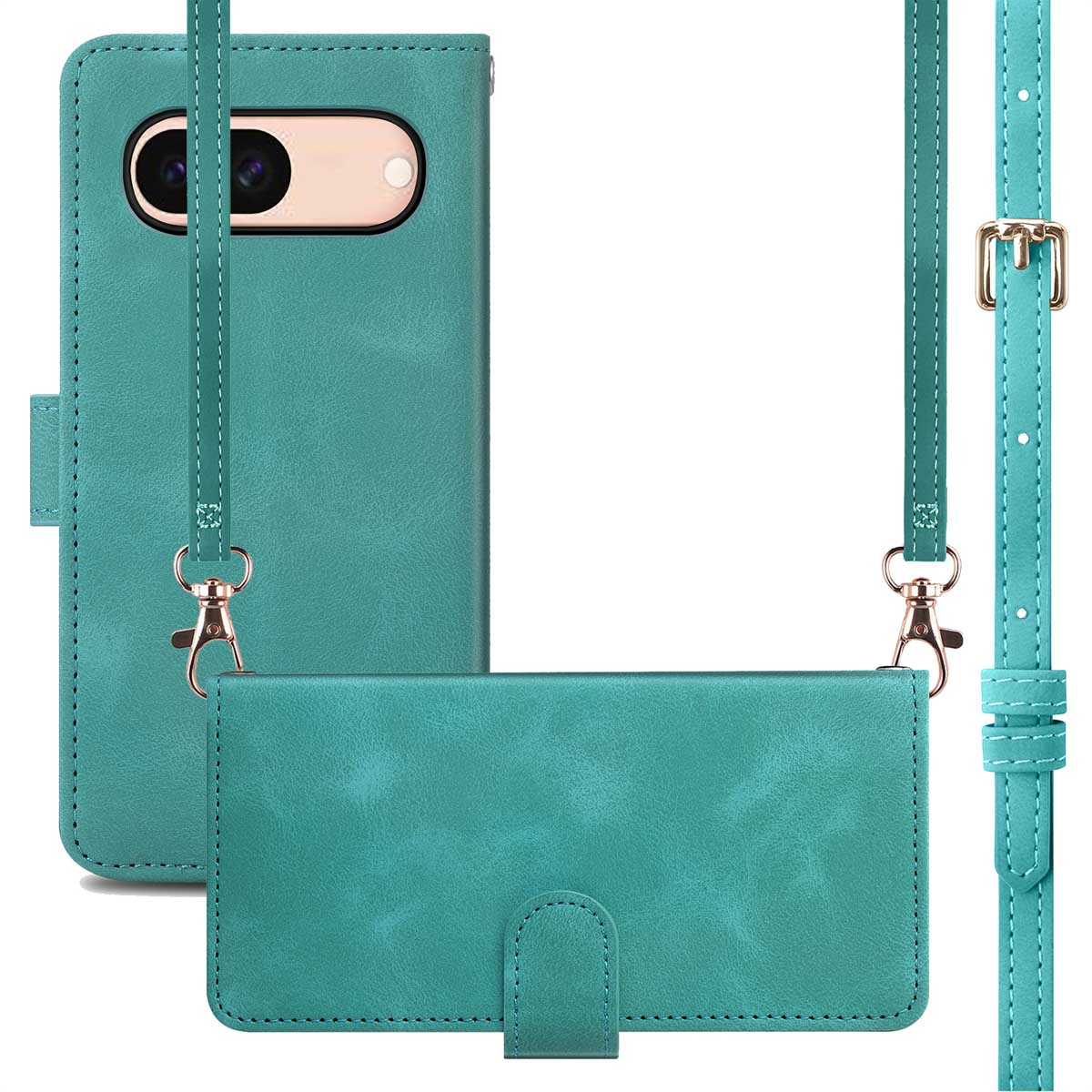 Coque de téléphone sarcelle avec sangle, coque ouverte, sangle verte et fermoirs dorés.